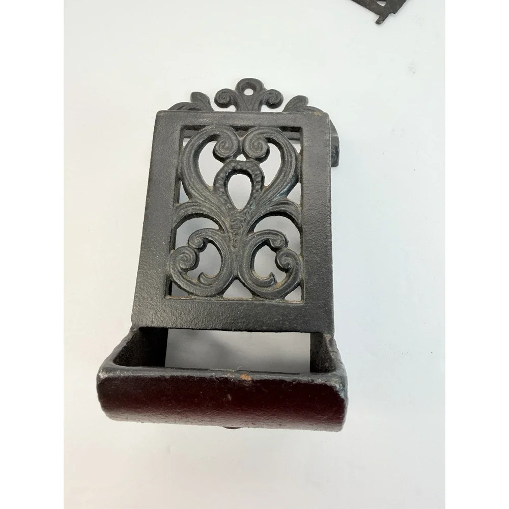 Black Ornate Cast Iron Wall Mount Match Box Holder Dispenser Vintage Decor